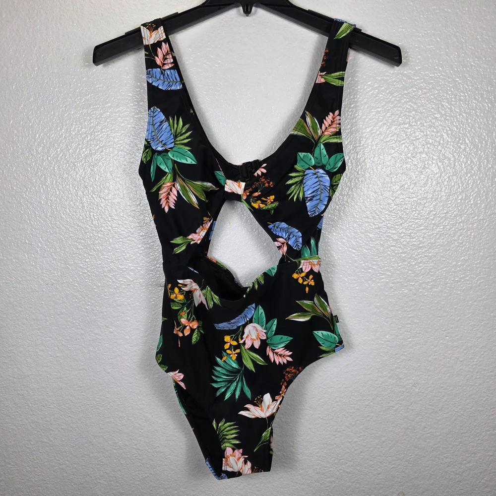 City Chic Izzy black floral Print 1 Piece middle cut out monokini Swimsuit SzXXS